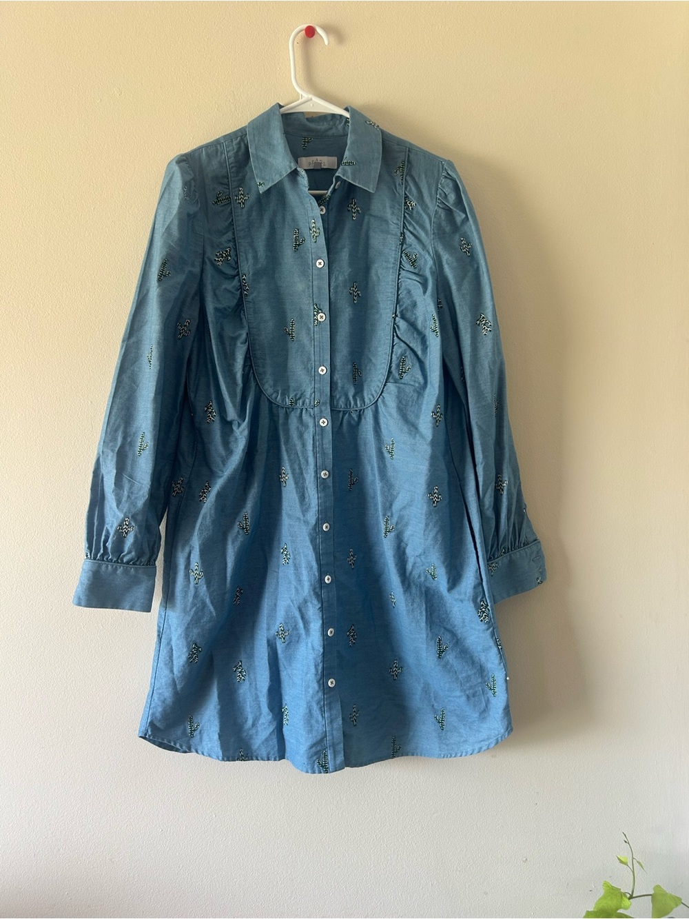 Pearl by Lela Rose Size L Blue Chambray Embroidered Cactus Shirt Dress